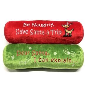 Lot Of 2 Christmas Decor Pillows Cylinder Shaped 17”x6” Y2K Naughty Dear Santa